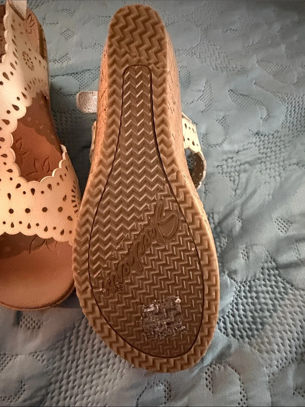 Skechers White Laser-Cut Cork Wedge Sandals